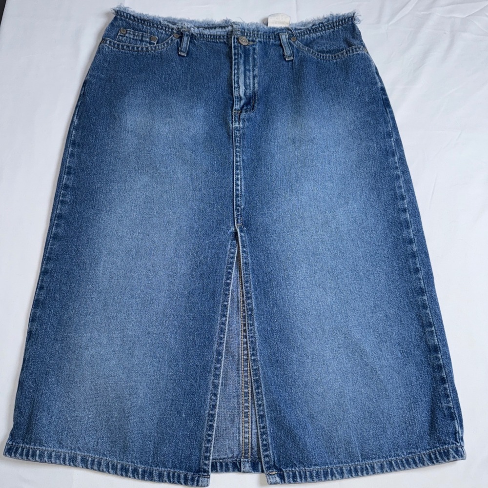 Paris Blues Originals Denim Midi Skirt Medium Wash Frayed Waist Front Slit Sz 5